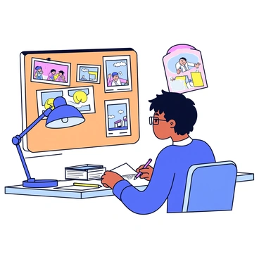 An animator is sitting at a desk, focused on drawing storyboards for an animated film. The animator has short, dark hair and wears glasses. Various scenes are pinned up on a large corkboard behind them, showcasing colorful illustrations of characters and settings. The desk is cluttered with art supplies, including pencils, markers, and sketchbooks. A bright desk lamp illuminates the area, casting a soft light over the animator’s workspace.