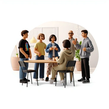 A group of five illustrators engaged in lively conversation at a trendy networking event in Los Angeles. The first illustrator has short curly hair and wears a colorful graphic t-shirt paired with jeans. The second illustrator is a woman with long straight hair and glasses, dressed in a stylish dress with floral patterns. The third illustrator sports a beanie and a denim jacket, holding a sketchbook in one hand. The fourth illustrator is sharing a business card, wearing a casual button-up shirt and chinos. The fifth illustrator has a digital tablet and is showing their work to the others, wearing a hoodie and sneakers. In the background, there are modern decorations and soft lighting that enhance the vibrant atmosphere of the event.