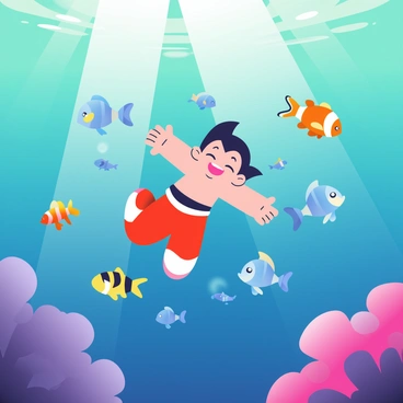 Astro Boy, a small robot boy with black hair, is swimming energetically through a vibrant, deep ocean. He is surrounded by a variety of colorful fish, including bright orange clownfish, shimmering blue tangs, and striped yellow and black angelfish. The water is a rich gradient of deep blue and turquoise, with rays of light filtering through from above. Coral reefs with purple and pink hues can be seen in the background, creating a lively environment. Astro Boy's arms are outstretched as he glides gracefully, a look of joy on his face as he interacts with the fish around him.