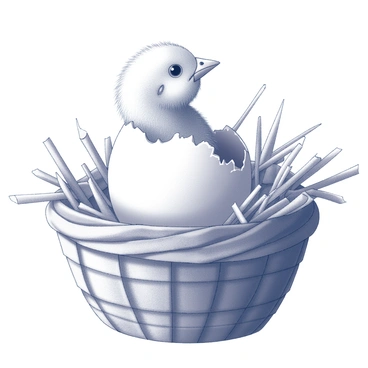 A baby chick is peeping out from a cracked eggshell. The egg is nestled in a basket that is overflowing with straw. The chick's soft downy feathers are visible as it looks curiously outward. The basket has a woven texture, and the straw is arranged haphazardly, providing a natural and rustic appearance. The scene captures a moment of new life emerging from its shell.