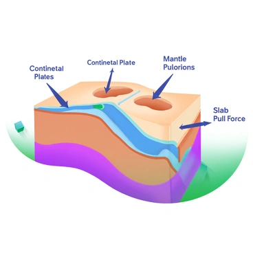A cross-sectional view of the Earth's crust and mantle illustrating the movement of continental plates. The plates are depicted in varying shades of brown and beige, representing different types of land masses. Below the plates, a blue flow of molten rock indicates the mantle convection currents. Arrows in dark blue illustrate the direction of the slab pull forces acting on the plates, showing them being dragged downwards and sideways. Small labels describe the different layers: "Continental Plate," "Mantle," and "Slab Pull Forces." Background elements include a light gradient that suggests depth, enhancing the visual representation of geological processes.