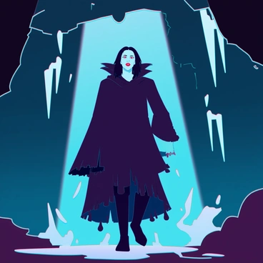 A mysterious vampire with pale skin and sharp fangs emerges from the shadows of a dark cave. The vampire has long black hair that cascades over his shoulders, and piercing red eyes that glimmer in the dim light. He wears a long, tattered black cloak that blends seamlessly with the darkness around him. The cave is adorned with jagged stalactites hanging from the ceiling, their icy formations contrasting against the vampire's menacing presence. Wisps of mist curl around his feet as he steps forward, highlighting the eerie atmosphere of the scene.