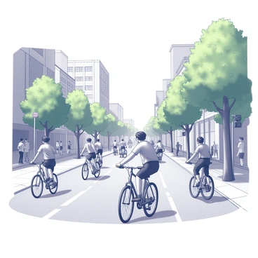 A busy city street filled with cyclists riding bicycles. The cyclists are navigating through lanes, wearing helmets and casual clothing. Alongside the street, there are tall green trees providing shade to the area. The pavement is well-maintained, and there are traffic signs visible in the scene. In the background, there are buildings of various heights, creating an urban atmosphere. People can be seen walking on the sidewalk, engaging in various activities.