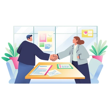 Two business people are standing on opposite sides of a wooden table, shaking hands firmly. One person has short black hair and is wearing a tailored dark suit, while the other has long brown hair tied back and is dressed in a light gray blazer. The table is covered with several colorful sample materials and open contracts. Sunlight is streaming through large windows, illuminating the bright office space decorated with green plants and modern furniture. A large whiteboard with notes and diagrams can be seen in the background.