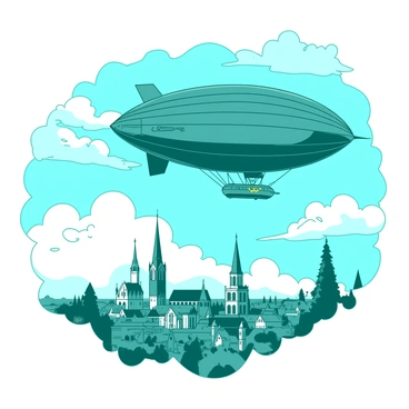 A teal vintage-style airship with intricate details is soaring gracefully among the white fluffy clouds. The airship features a large, rounded balloon and a streamlined body adorned with brass accents. Below, a sprawling cityscape with a mix of tall buildings and quaint rooftops can be seen, set against a clear blue sky. The sun casts soft shadows on the buildings, creating a sense of depth and perspective. The scene captures the essence of adventure and exploration in a timeless setting.