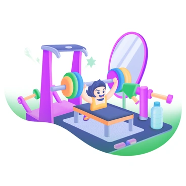 A miniature gym setting featuring a tiny character lifting a barbell on a bench press. The character is wearing a bright-colored workout outfit and has an expression of determination. The barbell is oversized compared to the character, with colorful weights on either end. In the background, there are small exercise machines, dumbbells, and a mirror reflecting the scene. The gym is decorated with pastel colors, creating a playful and vibrant atmosphere. The floor is covered with a textured mat, and a small water bottle rests nearby.