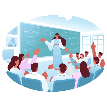 A figure representing "Saraswati" is standing in front of a chalkboard filled with complex equations and diagrams. The figure is elegantly dressed in traditional attire, with flowing garments and intricate patterns. Around her, several students are attentively listening, with a mix of genders and ages. Some students are raising their hands to ask questions, while others are taking notes in notebooks. The classroom is decorated with posters of famous scholars and learning tools, while sunlight filters in through large windows, illuminating the scene.