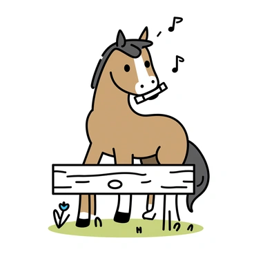A horse with a shiny chestnut coat, large eyes, and a playful expression is sitting on a wooden fence. The horse is holding a harmonica in its mouth, and its ears are perked up as it appears to be enjoying the music. The wooden fence has a rough texture and is set against a grassy background with a few wildflowers nearby. The scene captures the whimsical moment of the horse playing the harmonica.