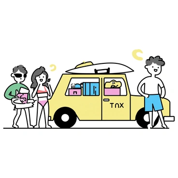 A taxi filled with beach gear and a family wearing swimsuits, ready for a day at the shore