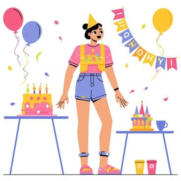 A woman wearing a colorful and playful costume with bright patterns and fun accessories stands in the center of a lively birthday party scene. She has a wide smile and is wearing a festive hat that matches her outfit. Surrounding her are various themed decorations, including balloons in vibrant colors, a large banner with the words “Happy Birthday” displayed prominently, and colorful streamers hanging from the ceiling. A table nearby is adorned with a colorful cake decorated to match the party theme, along with plates and cups featuring cheerful designs.