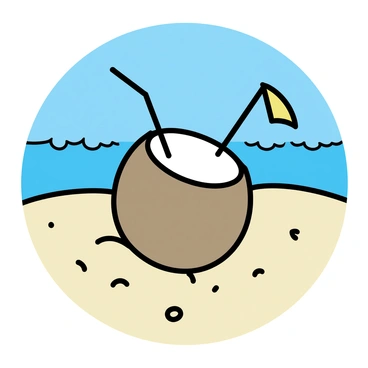 A coconut drink, with the top cut open, featuring a straw and a small colorful umbrella inserted into it. The coconut is placed on a light beige sandy beach. In the background, there are gentle waves lapping at the shore under a clear blue sky.