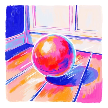A bright red ball is bouncing repeatedly on a polished wooden floor. The floor has visible grains and a rich, warm tone. Each time the ball makes contact, it creates a slight blur, capturing the motion. The ball elevates into the air, reflecting light and casting a small shadow on the floor below. The scene conveys a sense of dynamic movement and energy.