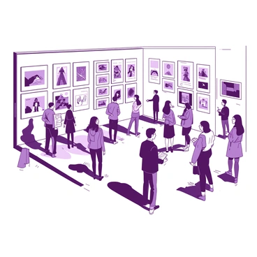 A large exhibition hall is filled with a diverse array of illustrations displayed on white walls. Various frames in different sizes showcase the illustrations, which are arranged in an organized layout. Attendees are walking through the hall, examining the artworks. Some attendees are taking notes, while others are discussing the pieces with one another. Good lighting illuminates the hall, highlighting the details of each illustration. In one corner, a representative from the agency is talking to a small group about the themes of the exhibited works.
