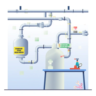 A hospital plumbing system is depicted with a network of pipes running through the ceiling and walls. The pipes are made of polished steel, reflecting the sterile environment. There are several backflow preventers installed along the pipes, clearly labeled with warning signs that read "Backflow Prevention Device." The main water supply line is connected to a large, grey tank marked "Fresh Water." Various faucets and outlets are visible on the walls, designed for easy access and monitoring. Additionally, maintenance tools such as wrenches and gauges are neatly arranged on a nearby workbench, emphasizing the importance of upkeep in the plumbing system.