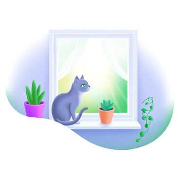 A cozy room featuring a windowsill bathed in soft daylight. A cat with gray fur and bright green eyes is sitting on the windowsill, gazing intently outside. The cat's posture is relaxed yet attentive, with one paw slightly raised as if in contemplation. Surrounding the cat are potted plants, including a small succulent and a trailing ivy, adding a touch of greenery to the scene. The window frame is white, with a light curtain gently billowing in the breeze, creating a tranquil atmosphere.