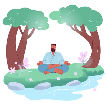 A man named "Samson" is sitting cross-legged on a bed of soft green moss in a secluded forest glade. He is wearing simple, flowing robes that blend with the natural surroundings. Towering trees with broad trunks rise all around him, their leaves forming a vibrant green canopy overhead. Dappled sunlight filters through the foliage, casting delicate patterns on the ground. Small wildflowers in pastel colors dot the glade, adding gentle bursts of color. A calm, clear stream flows nearby, with smooth stones lining its edges. A sense of tranquility fills the air as birds can be seen perched on branches above.
