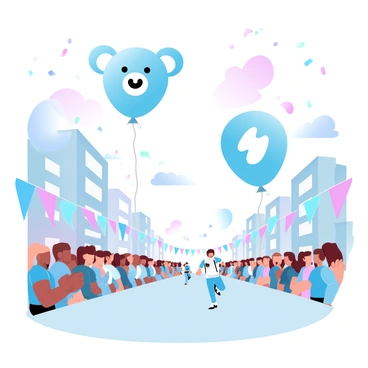 A city street is lined with excited spectators watching a parade. Giant character-shaped balloons are floating above the crowd, each balloon in a different vibrant color. The first balloon is shaped like a cheerful cartoon animal, while another resembles a famous superhero. Colorful banners and festive decorations are visible along the street, and a group of performers in costumes is dancing nearby. Bright confetti is falling from the sky, adding an extra layer of excitement to the scene.