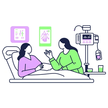 A doula with long hair, wearing a comfortable outfit, is seated beside a laboring mother in a hospital room. The mother is lying in a hospital bed, with a focused expression on her face. The doula is gently holding the mother’s hand, offering a reassuring smile. A small table nearby contains a water pitcher and a glass. Medical equipment is positioned in the background, including a fetal monitor displaying heart rate readings. Soft lighting illuminates the room, creating a calm atmosphere. On the wall, there are posters about labor and delivery.