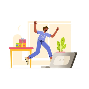 A person with short brown hair is jumping with joy in front of a silver laptop. The person is wearing a blue t-shirt and jeans, and their arms are raised high in excitement. In the background, there is a colorful package on a wooden table. The room has warm lighting, and a potted plant sits in the corner. The laptop screen displays a cheerful notification, enhancing the joyful atmosphere.