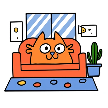 A close-up of a fluffy orange tabby cat with big, wide eyes peering out from behind a couch. The cat's ears are perked up, showing alertness as it watches for imaginary threats. The living room is cozy, featuring a patterned rug beneath the couch and a potted plant nearby. Soft sunlight filters through a window, casting gentle shadows on the walls. The cat has a hint of a curious expression, with its whiskers prominently displayed, ready to pounce at any moment.