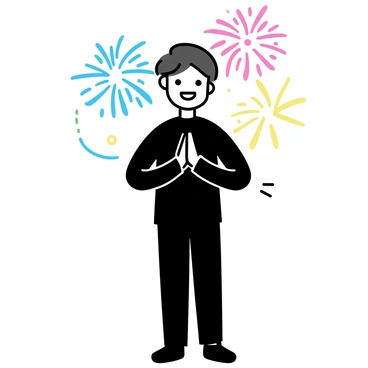 A black silhouette of a person standing with hands together in a "namaste" pose. The figure is centered in the image, with a vibrant backdrop of colorful fireworks exploding in various shapes and patterns behind them. The fireworks display includes bright reds, blues, and yellows, creating a dynamic contrast against the silhouette. The scene captures a moment of peace amidst the celebratory chaos of the fireworks.