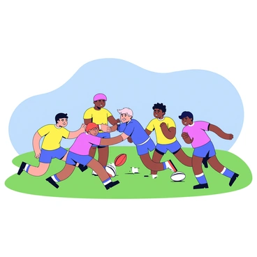 A group of high school rugby players in bright colored jerseys practicing on a green grassy field. Some players are in a crouched position, demonstrating tough tackles against each other, while others are engaged in a scrum, pushing against one another to gain possession of the ball. The scene captures the intensity of the practice with a clear blue sky overhead. A rugby ball lies nearby, ready for use.