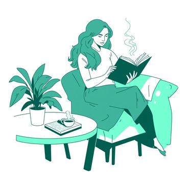 A teal woman with long, flowing hair is sitting comfortably in a white cafe. She is engrossed in reading a book, holding it open in her hands. Beside her on the wooden table is a warm cup of coffee, with steam gently rising above it. The cafe has soft lighting, and there are comfortable chairs scattered around, creating an inviting atmosphere. A small potted plant sits on the table next to the coffee cup, adding a touch of greenery to the scene.