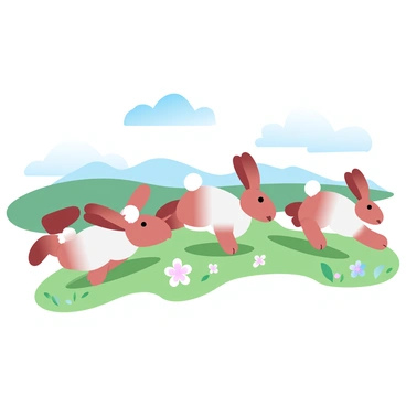 A group of bunnies is hopping away in a line, their fluffy tails prominently displayed as they bound across a grassy field. The bunnies are various shades of white and brown, each with distinct markings. The grass is lush and vibrant, with patches of wildflowers adding splashes of color. In the background, gentle hills rise softly, creating a peaceful landscape. A few fluffy clouds can be seen drifting in a clear blue sky above.