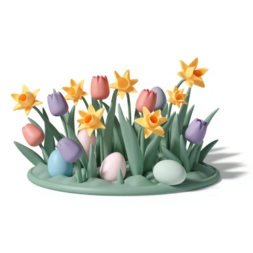 A vibrant garden filled with blooming tulips in various colors, including red, yellow, and purple. The daffodils are bright yellow with trumpet-shaped petals, swaying gently in a light breeze. Among the flowers, there are colorful Easter eggs, painted in pastel shades of pink, blue, and green, hidden strategically among the foliage and flower stems. Sunlight filters through the leaves, casting playful shadows on the ground, enhancing the lively atmosphere of the scene.