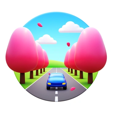 A car driving away on a smooth road. The road is lined with vibrant pink cherry blossom trees in full bloom. Petals are gently falling from the branches, creating a picturesque scene. The sky is clear with a few fluffy white clouds. The sun casts a warm light over the landscape, enhancing the colors of the blossoms and the car.