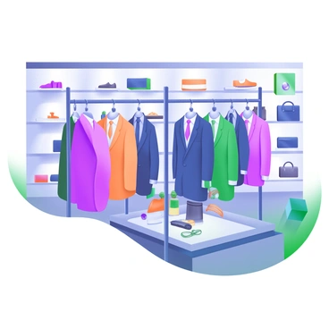 A modern pastel illustration of a stylish menswear department at Harrods. The scene features tailored suits in various colors displayed on elegant racks. Accessories such as ties, cufflinks, and belts are neatly arranged alongside the suits. Elegant lighting highlights the display, creating a sophisticated atmosphere. In the background, there are well-organized shelves filled with shoes and bags, contributing to the upscale ambiance of the department. The floor has a polished finish, reflecting the luxurious surroundings.