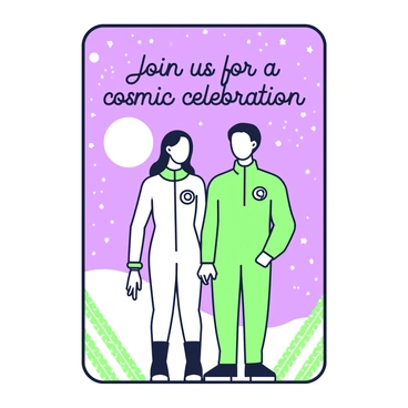 A futuristic invitation is designed with a couple standing side by side in a space setting. The couple is wearing sleek, form-fitting space suits with subtle designs. Behind them, a backdrop of a starry sky is visible, filled with twinkling stars and distant galaxies. A large, glowing planet can be seen on one side, partially illuminated. The invitation text in elegant font reads, "Join us for a cosmic celebration," prominently positioned at the top. Below the couple, there is a decorative border that features geometric patterns, enhancing the futuristic theme.