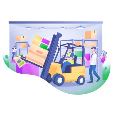 A forklift operator wearing a safety vest is maneuvering a bright yellow forklift with precision. The forklift is lifting a stack of wooden pallets filled with colorful boxes. The warehouse is bustling, with various employees in the background, some carrying items while others are checking inventory on clipboards. Shelves filled with goods line the walls, and overhead lights illuminate the scene, creating a dynamic and active atmosphere. The floor is painted in a light gray, enhancing the modern feel of the warehouse.