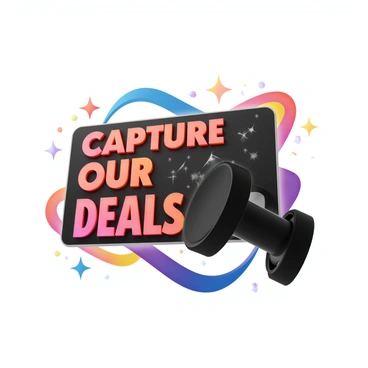 A modern camera with a sleek design and a black finish, positioned at an angle as if it is actively taking a photo. The camera's lens is focused on a large sign displaying the text "Capture Our Deals" in bold, vibrant letters. Surrounding the text are dynamic digital effects, such as glowing lines and sparkles, adding a sense of motion and excitement. In the background, there are abstract shapes and colors that enhance the overall visual impact of the scene.