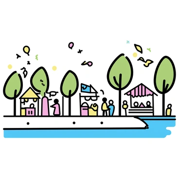 A scene depicting a local festival along the banks of the Euphrates River. There are colorful decorations hanging from trees and tents, adding vibrancy to the setting. People are gathered, engaged in various activities, wearing traditional clothing that showcases a mix of bright colors. Stalls are set up, featuring local crafts and food items. The river runs gently beside the festival, reflecting the colorful atmosphere. Balloons and banners are visible throughout the scene, enhancing the festive ambiance.