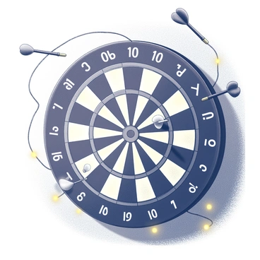 A dartboard mounted on a wall, featuring a classic arrangement of numbers and a bullseye at the center. The dartboard is surrounded by an array of string lights that create an inviting atmosphere. The lights are arranged in a circular pattern around the dartboard, creating a warm glow that highlights the board's details. Several darts, with distinct shafts and flights, are embedded in the dartboard at different scoring zones, showcasing gameplay. The wall behind the dartboard is textured, adding depth to the scene.