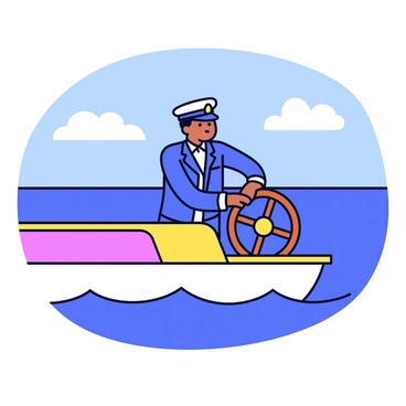 A captain with a neat navy blue uniform and a white captain's hat stands confidently at the helm of a yacht. The captain is gripping the wooden steering wheel with both hands, focusing on the horizon. Surrounding the captain are sleek, polished surfaces of the yacht, reflecting the sunlight. The water is clear and calm, with gentle waves lapping against the sides of the boat. In the background, a bright blue sky stretches above, dotted with a few fluffy white clouds.