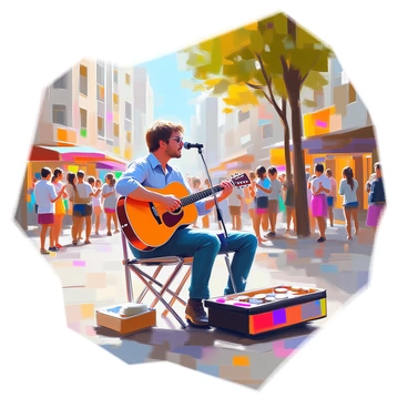 A street musician with medium brown hair and glasses passionately strums a guitar, seated on a small folding chair. He is wearing a blue shirt and denim jeans, with a colorful guitar case open in front of him, displaying a few coins and small bills. Surrounding him is a small crowd of people, consisting of a diverse group of men and women of various ages, some clapping along to the rhythm. The busy urban area features tall buildings in the background, with colorful storefronts and bustling pedestrians. A few trees are visible, providing shade to parts of the scene.