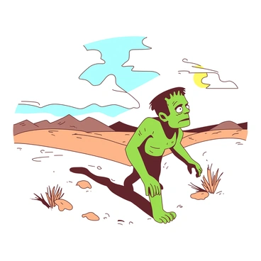 Frankenstein's monster is wandering through a vast, sandy desert under a bright sun. The monster has green skin with visible scars and stitches across its face and limbs. The wind is gently blowing, creating small dunes in the sand. In the distance, there are distant mountains that create a stark contrast against the clear sky. The monster is looking around, with a contemplative expression, as sand swirls around its feet. A few sparse, dry shrubs dot the landscape, emphasizing the desolation of the environment.