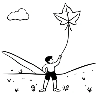 A child wearing a shirt and shorts is standing in an open field, holding the string of a kite. The kite is shaped like a large maple leaf, showcasing intricate details of its veins and edges. The child is looking up as the kite soars high above. The field is dotted with patches of grass and a few scattered wildflowers. There are gentle hills in the background, and the sky is clear and expansive, with a few wispy clouds.