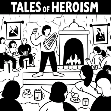 An Anglo-Saxon bard standing on a wooden stage in a rustic tavern, holding a harp with one hand and gesturing with the other to engage the audience. The tavern crowd, consisting of men and women in period clothing, sits at wooden tables, leaning in with interest. Candlelight flickers around the room, casting shadows on the rough stone walls adorned with tapestries depicting legendary battles. The bard is surrounded by scattered tankards and plates of food, while a large fireplace in the background provides warmth and a cozy atmosphere. The words "Tales of Heroism" are displayed prominently above the bard.