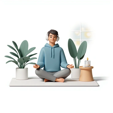 A person, wearing a comfortable blue hoodie and gray sweatpants, is sitting cross-legged on a soft white yoga mat. They have headphones on, and their eyes are gently closed, indicating they are deeply focused on the guided meditation. Surrounding them are lush green plants and soft, natural light streaming in from a nearby window. A small wooden table beside them holds a lit candle and a glass of water. The setting conveys a sense of peace and relaxation, with soft textures and calming colors.