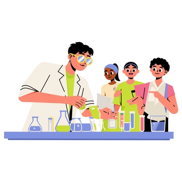 A student wearing safety goggles and a white lab coat is conducting a science experiment at a lab table. The table is cluttered with colorful beakers filled with blue and green liquids, and various test tubes are arranged neatly beside them. The student's focused expression shows concentration as they carefully pour a liquid from one beaker to another. In the background, three classmates are watching excitedly, their faces expressing curiosity and anticipation. One classmate has a notepad in hand, ready to take notes, while another points at the experiment with wide eyes. Bright overhead lights illuminate the scene, highlighting the vibrant colors of the liquids.