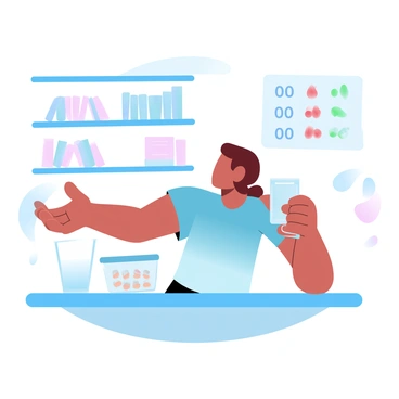 A child is holding a small cup of liquid antibiotics in one hand and a glass of water in the other hand. The child is in a brightly lit kitchen, wearing a colorful t-shirt. The child is leaning slightly forward, creating a dynamic posture. A pill organizer is visible on the table next to the child, and the background features a shelf with children’s books. A colorful sticker chart displaying medication times is placed on the wall behind them.