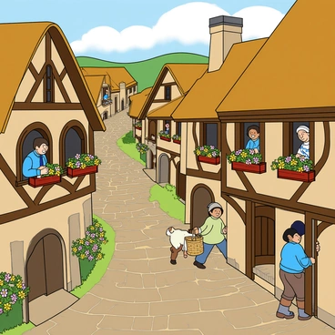A picturesque medieval village with winding cobblestone streets that twist and turn through the scene. Small, charming houses with wooden beams and thatched roofs line the streets. Colorful flowers are blooming in window boxes beneath the windows. Villagers with varied skin tones and clothing styles are peeking out of their windows, showing expressions of curiosity and friendliness. A few villagers are engaged in activities outside, such as a woman carrying a basket and a man leading a horse. The sun casts a warm glow over the village, enhancing its inviting atmosphere.