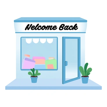 A small shop with an inviting facade features an open door, welcoming customers. Above the entrance, a "Welcome Back" sign is prominently displayed. The shop has a large window showcasing various colorful products inside. Potted plants are placed on either side of the door, adding a touch of greenery to the entrance. The sidewalk in front is clean and well-kept, enhancing the overall inviting atmosphere of the shop.