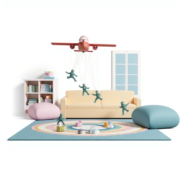 A group of toy soldiers in various poses, each wearing green uniforms and helmets, is parachuting from a bright red toy plane. The plane is mid-air, with its propellers spinning, and the soldiers are suspended below by thin, white parachutes. The living room below is transformed into a battlefield, with couch cushions arranged as barriers and various toys scattered around, representing obstacles. A carpet serves as the ground, featuring a colorful pattern. In the background, there are bookshelves filled with books and a large window letting in natural light, creating a playful atmosphere.