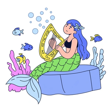 A mermaid with long, flowing hair sits gracefully on a rock underwater. She has shimmering green and blue scales along her tail, which glisten in the light filtering through the water. The mermaid holds a golden harp that has intricate designs carved on it. Bubbles rise from the harp, forming musical notes that drift through the water. Surrounding her are colorful fish swimming and in the background, there are coral reefs adding texture to the underwater scene.