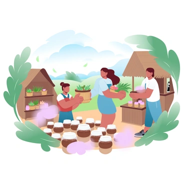 A group of villagers is gathered in a rural market area, surrounded by quaint wooden stalls. One villager is handing over a basket of fresh vegetables to another, while the second villager is offering a handmade basket in return. Nearby, a third villager is displaying jars of homemade preserves on a table. The scene is vibrant with greenery from surrounding trees and fields, creating a lively atmosphere. Soft natural light bathes the area, highlighting the warm colors of the goods being exchanged. In the background, a thatched-roof cottage is partially visible, adding to the charm of the setting.