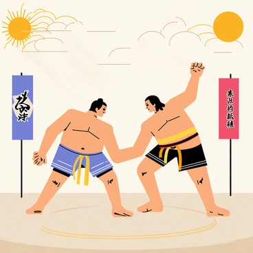 A mural featuring two legendary sumo wrestlers engaged in a fierce match. The wrestlers have distinct hairstyles and traditional mawashi belts, showcasing their unique identities. In the background are stylized clouds and rising sun elements, typical of Japanese art, enhancing the cultural context. Colorful banners with Japanese characters are displayed around the wrestlers, adding to the vibrant atmosphere of the scene. The ground is depicted with a circular ring made of compacted clay, emphasizing the sumo wrestling environment.